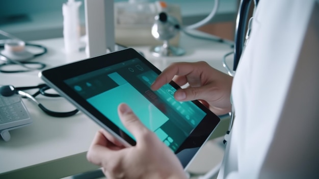 IoT na saúde Mão do médico com estetoscópio e tablet para verificação remota do paciente