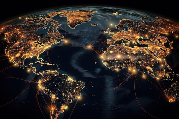 IoT ou internet das coisas e conceito de cidade inteligente com fundo de paisagem urbana noturna de tom azul