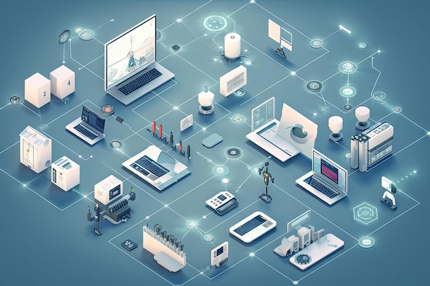 IoT-Sensornetzwerk mit mehreren Geräten, die mit generativer KI erstellte Daten sammeln und teilen