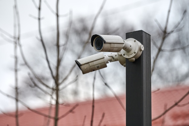 IP CCTV Überwachungskamera auf Stange, grauem Himmel, Bäumen und Dach, Stadtbild