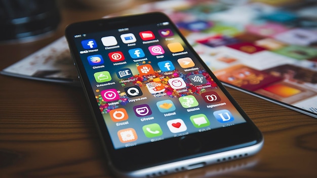 Foto un iphone con aplicaciones en la pantalla y los iconos en la pantalla.