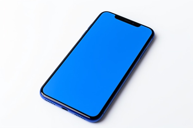 un iPhone azul está sentado en una superficie blanca