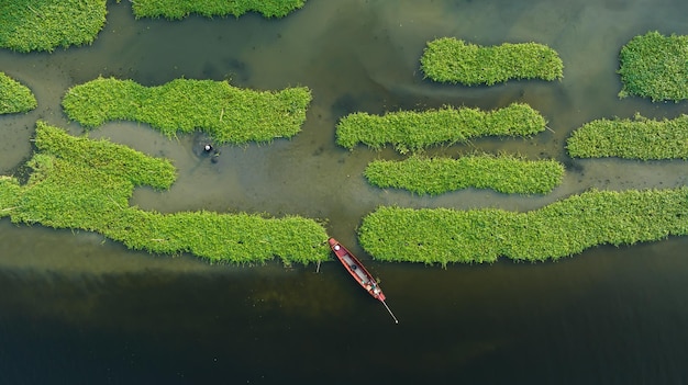 Ipomeia aérea com vista superior e barco de cauda longa na beira do rio