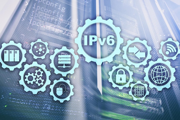 IPv6 Protocolo de Internet no fundo da sala de servidores Tecnologia de negócios Internet e conceito de rede