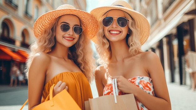 Ir de compras juntas es divertido Dos mujeres jóvenes atractivas sosteniendo bolsas de compras y sonriendo IA generativa