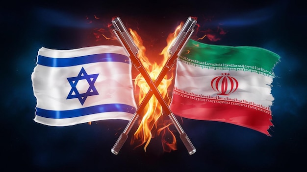 Foto irán contra israel ataque y las banderas se queman en un fuego