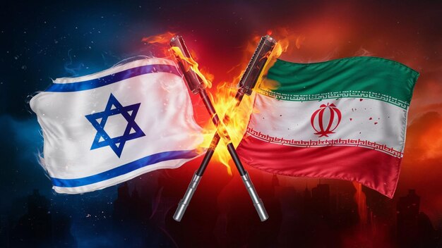 Irán contra Israel bandera en llamas