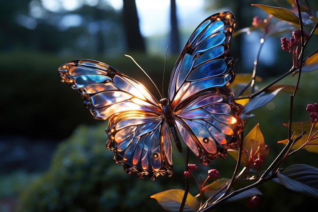 Iridescent Schmetterling landet in Madresylvas Flügel reflektieren Farben Weiche Sonne generative IA