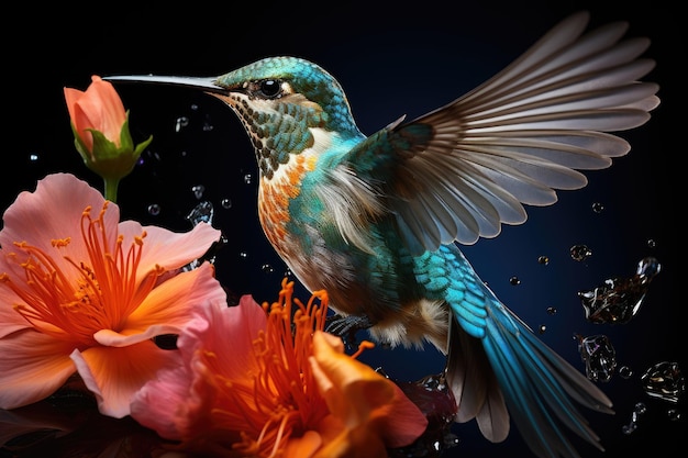 Iridescenter Kolibri tanzt neben einer lebendigen Blumen-Generativ-IA