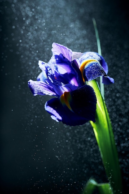 Iris azul con luz puntual y efecto de nieve en el fondo Afiche minimalista atmosférico de fondo oscuro Enfoque selectivo