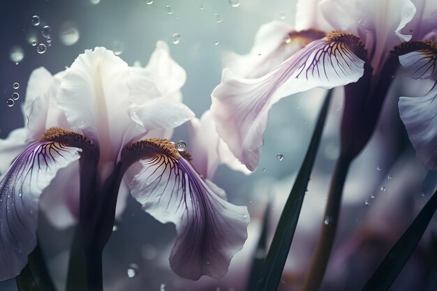 Iris blancos delicados en el rocío de la mañana de cerca