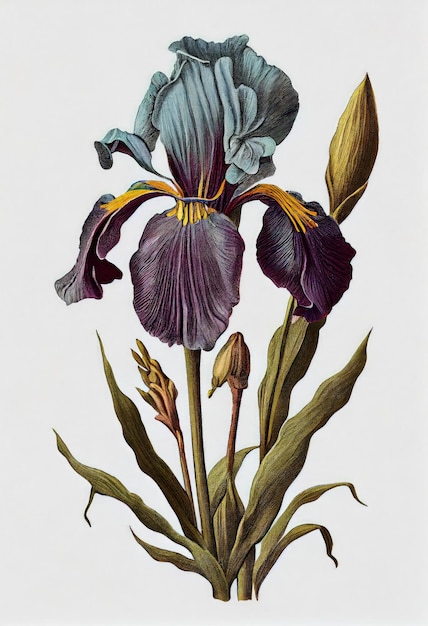 Iris Flower Ilustração Botânica Flores Azul Primavera Pintura Realista Iris Desenho Imitação Abstracto Ilustração Generativa AI