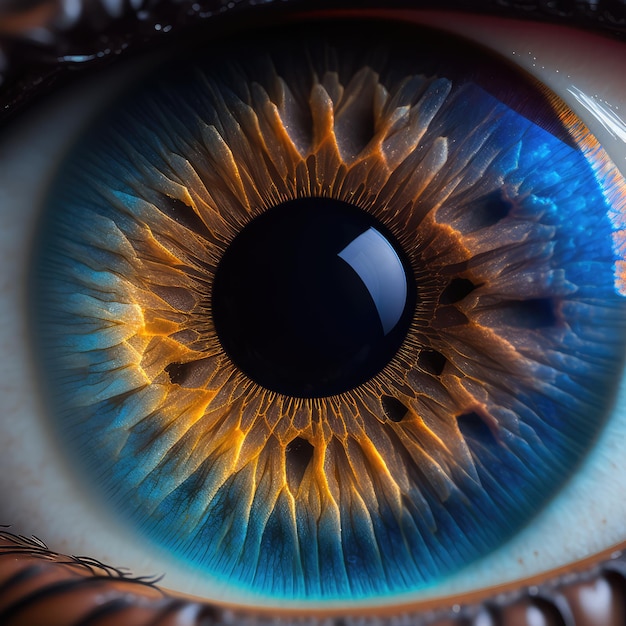 Iris de ojo macro Iris brillante Primer plano Hermosos ojos azules Imitación de fotografía macro Ilustración de IA generativa