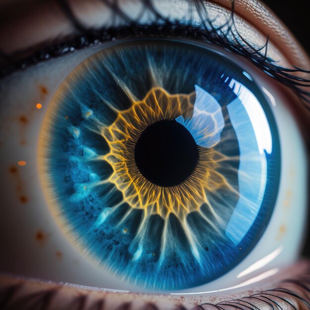 Iris de ojo macro Iris brillante Primer plano Hermosos ojos azules Imitación de fotografía macro Ilustración de IA generativa