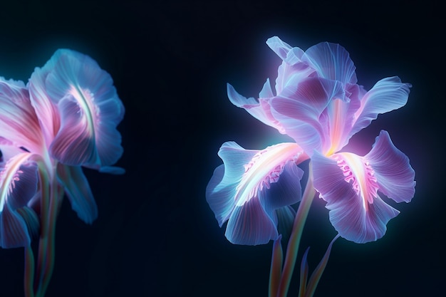 iris púrpura con un fondo azul y rosa