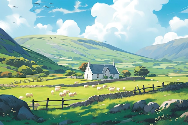 Irische ländliche Landschaft, grüne Wiesen im Anime-Cartoon-Stil