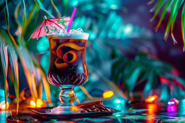 Irischer Kaffee-Cocktail auf Neon-Hintergrund Tropischer Mocktail Beach Party Cocktail Sommer-Bar-Getränk