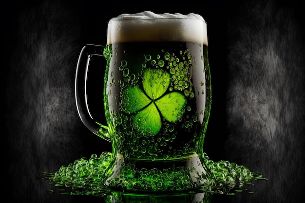 Irisches grünes Bier Kleeblatt zum St. Patrick's Day Ein Glasbecher mit schäumendem grünem Bier auf dem Tisch Kultureller religiöser Feiertag am 17. März