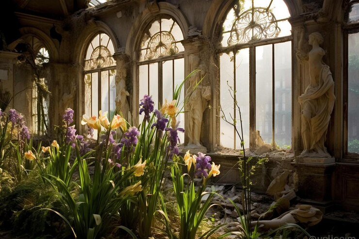 Foto írises adornando um antigo templo abandonado fotografia de flores de primavera