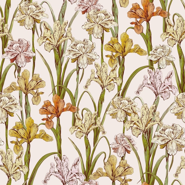 Irises de verano Patrón decorativo sin costuras Fondo repetitivo Impresión de papel tapiz para azulejos