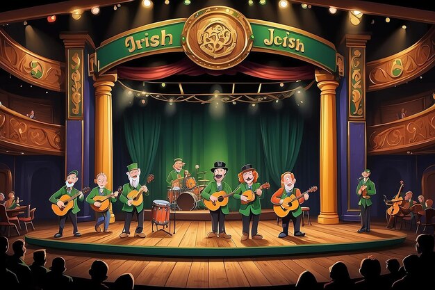 Irish Jigs CartoonStyle Stage com uma banda animada