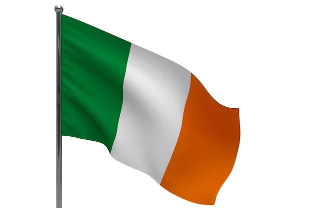 Irland Flagge auf Pole. Fahnenmast aus Metall. Nationalflagge von Irland 3D-Illustration auf Weiß