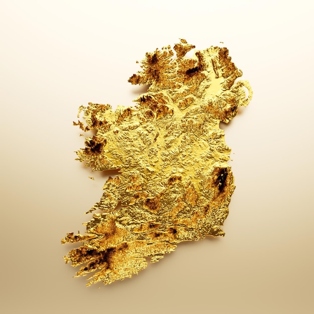 Irland Karte Goldene Metallfarbe Höhenkarte Hintergrund 3D-Darstellung