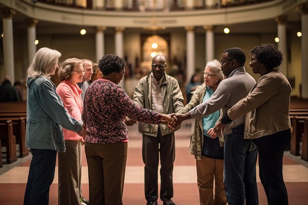 Foto irmandade cristã grupo diverso unido no interior da igreja