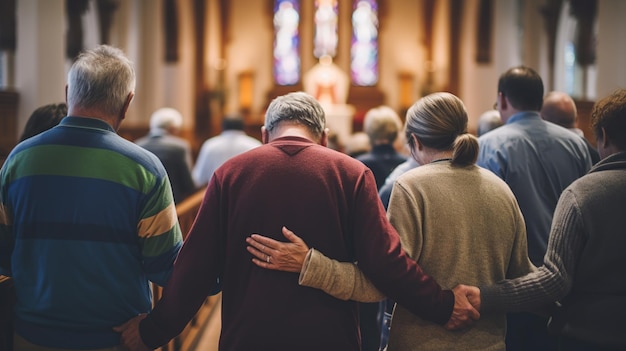 Foto irmandade cristã grupo diverso unido no interior da igreja