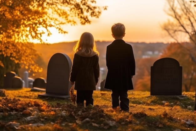 Irmão com irmã em pé no cemitério ao pôr do sol Filhinhos tristes IA generativa