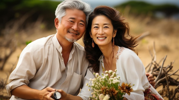 Irmão e esposa japoneses sorrindo casal na natureza de fundo viajando