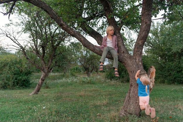 Irmão e irmã de cabelos louros se divertem e brincam de escalar madeira no jardim Crianças pequenas caminham na natureza