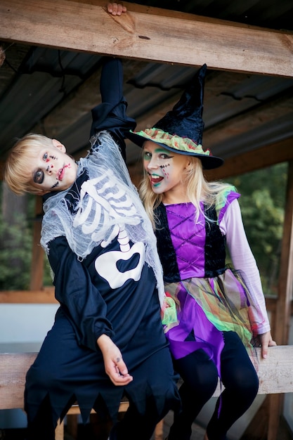 Foto irmão e irmã em fantasias de carnaval para o halloween