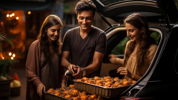 Irmão e irmãs descarregando presentes de Diwali do carro