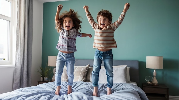 Foto irmão feliz a saltar na cama no quarto.