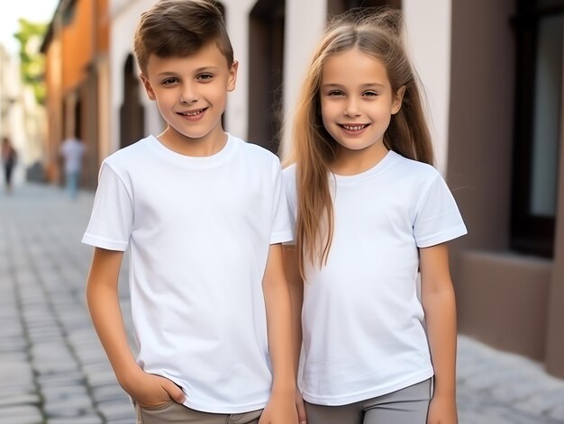 Irmão ou amigo bonito menino e menina vestindo camiseta branca vazia modelo para modelo de design