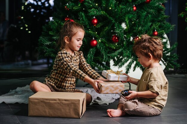 Irmãos diligentes sentados no chão sob uma árvore de Natal decorada, segurando presentes embrulhados.