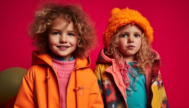 Irmãos fofos sorrindo em moda de inverno lúdica gerada por IA