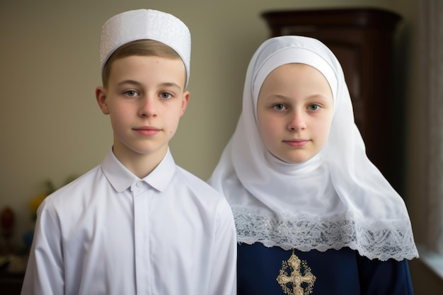 Foto irmãos gêmeos vestindo roupas religiosas distintas