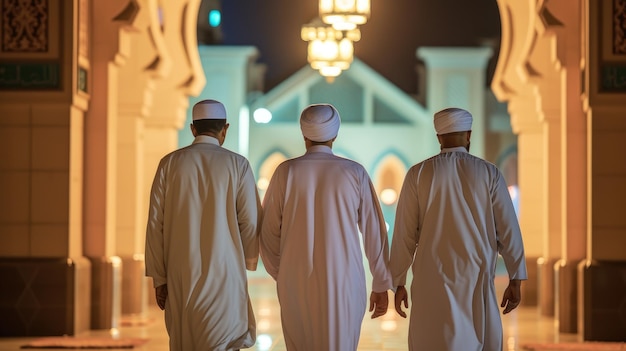 Foto irmãos muçulmanos entrando juntos na frente da mesquita para a oração noturna de tarawih do ramadan