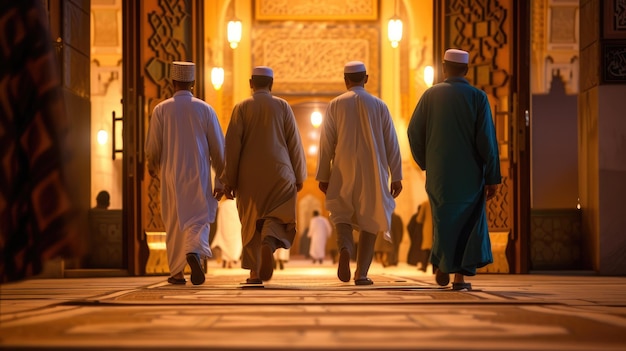 Irmãos muçulmanos entrando juntos na frente da mesquita para a oração noturna de tarawih do Ramadan