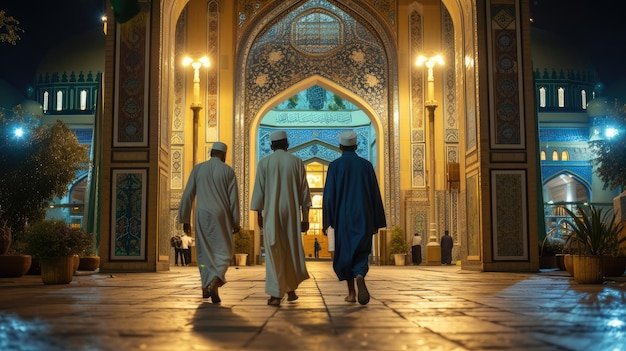 Irmãos muçulmanos entrando juntos na frente da mesquita para a oração noturna de tarawih do Ramadan