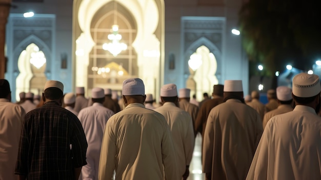 Foto irmãos muçulmanos entrando juntos na frente da mesquita para a oração noturna de tarawih do ramadan