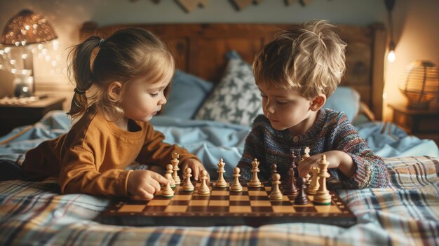 Irmãos se unindo em um jogo de xadrez em uma cama AI generativa