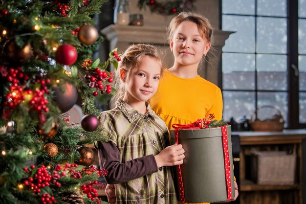 irmãs em casa ao lado da árvore de natal