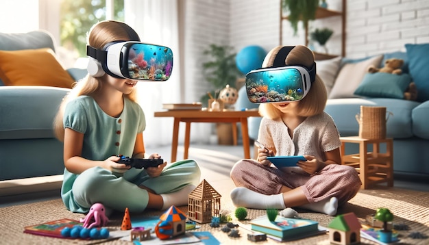 Irmãs explorando a vida marinha com educação de realidade virtual