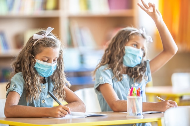 Irmãs gêmeas com máscara facial na escola durante a quarentena de covid-19.