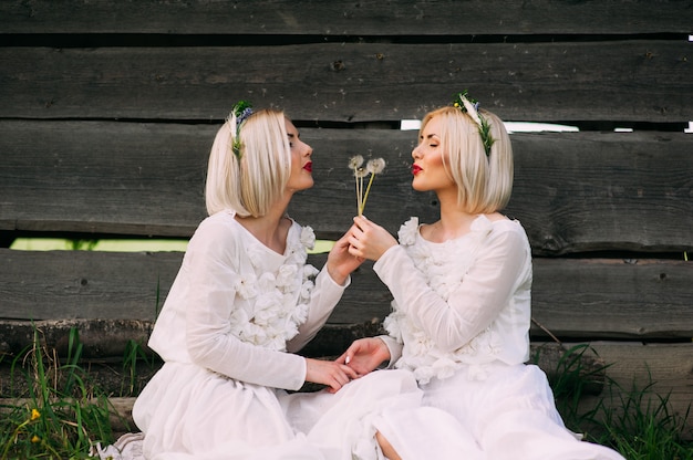 Irmãs gêmeas soprando dandelions