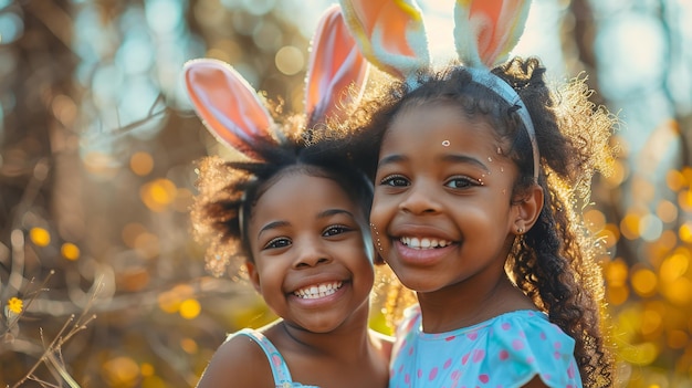 Irmãs negras felizes vestidas de coelhos para a Páscoa e a irem numa caça de ovos juntas.