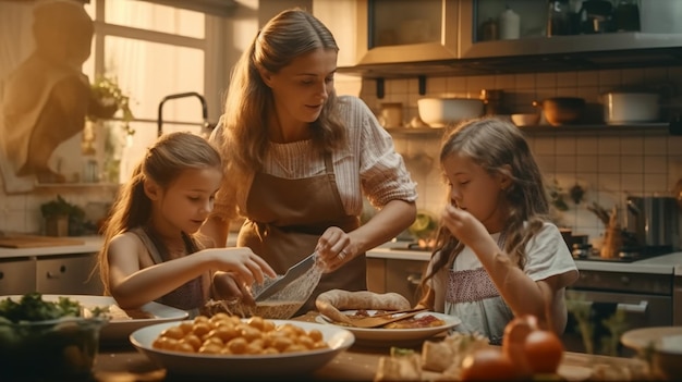 Irmãzinhas cozinhando com a mãe na cozinha